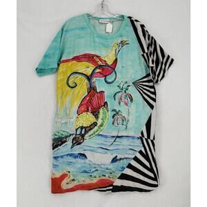 Walter Van Beirendonck Teal Silk Striped Bird Print T Shirt Dress Sz S